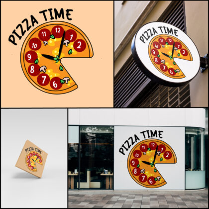 Logo dizains, Pizza Time, mockup, branding